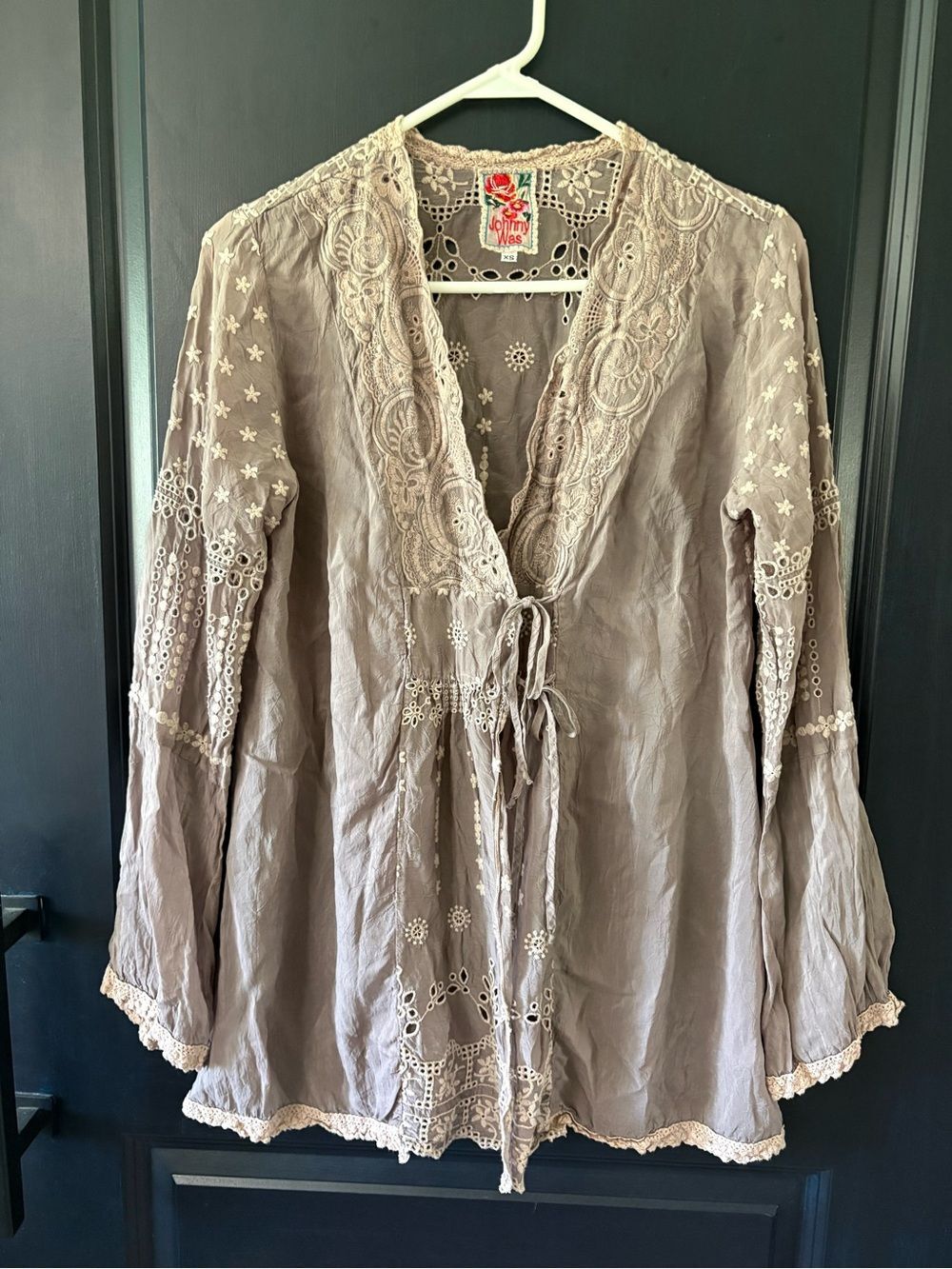 Johnny Was XS Purple Embroidered Lace Tie Front Boho Peasant Blouse Top